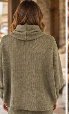 Dear Scarlett Wanderlust heathered olive waffle knit cowl neck sweater lifestyle image 3