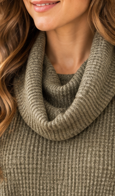 Dear Scarlett Wanderlust heathered olive waffle knit cowl neck sweater lifestyle image 4