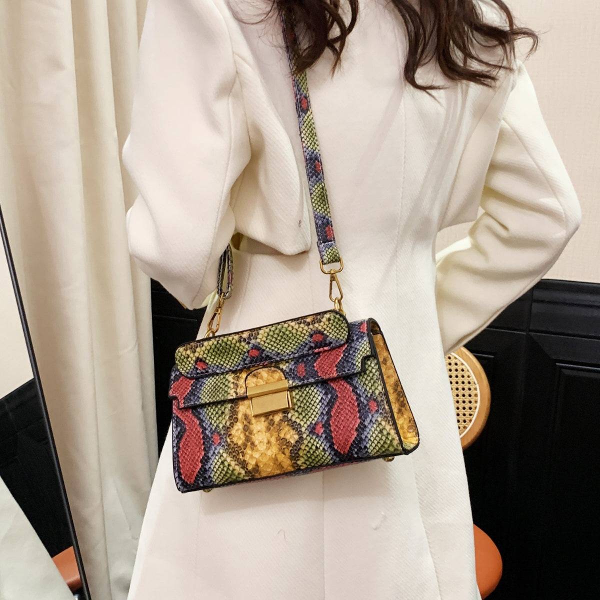 PU Leather Snakeskin Print Crossbody Bag