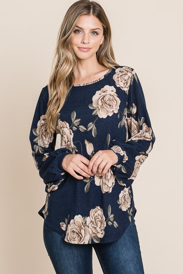 TL1679 Bombom Elegant Taupe FLoral Tunic Top