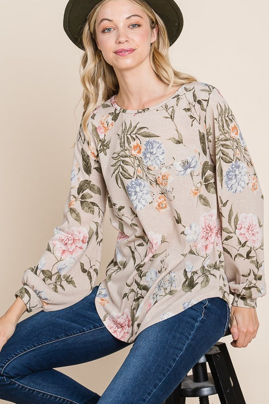 Bombom TL1679-FL Floral Puff Sleeve Tunic Top