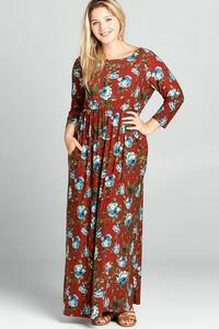 Plus 3/4 Sleeve Floral Maxi Dress