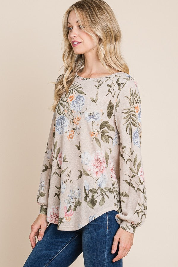 Bombom TL1679-FL Floral Puff Sleeve Tunic Top