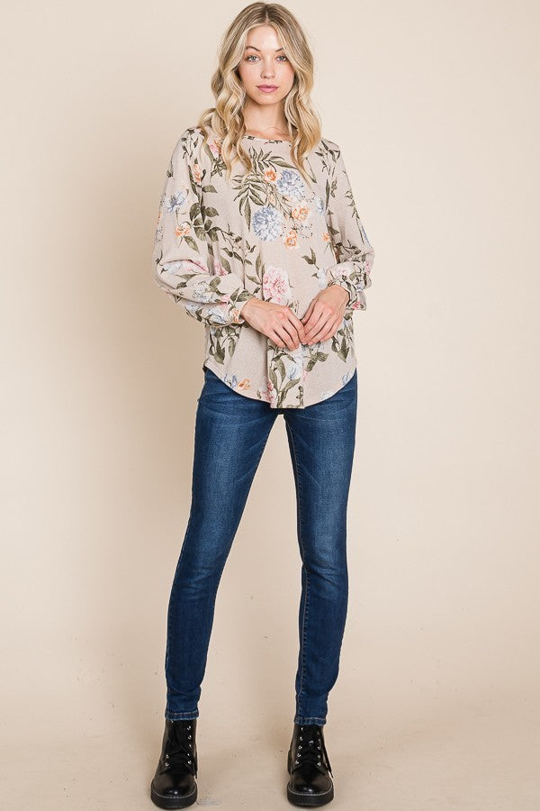 Bombom TL1679-FL Floral Puff Sleeve Tunic Top