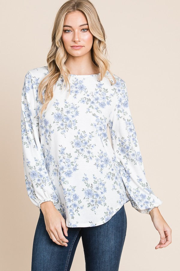 Bombom long sleeve White Blue Floral top TLFL04144