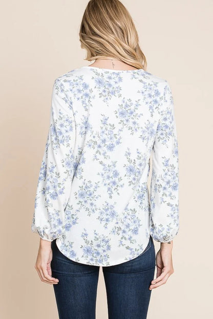 Bombom long sleeve White Blue Floral top TLFL04144