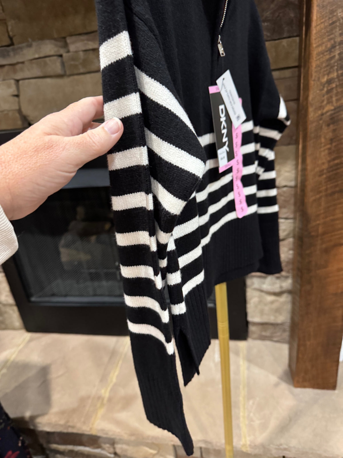 DKNY black and ivory striped half-zip sweater back view