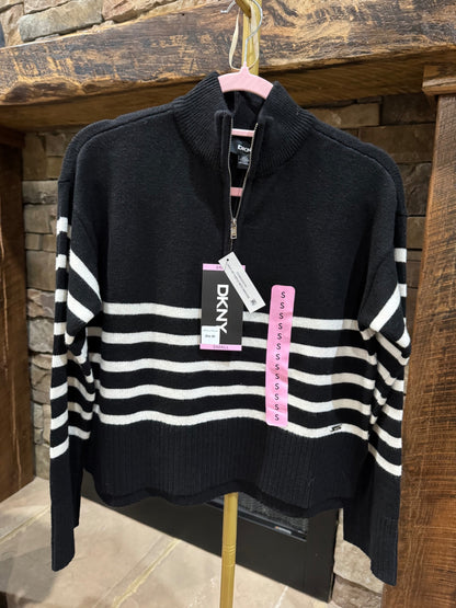 DKNY black and ivory striped half-zip sweater front view