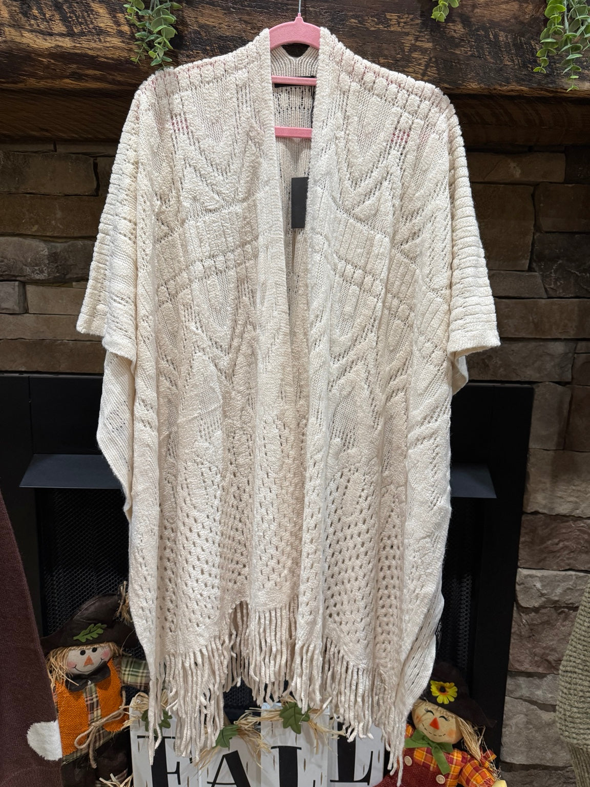 Ivory textured open-front fringe poncho front view