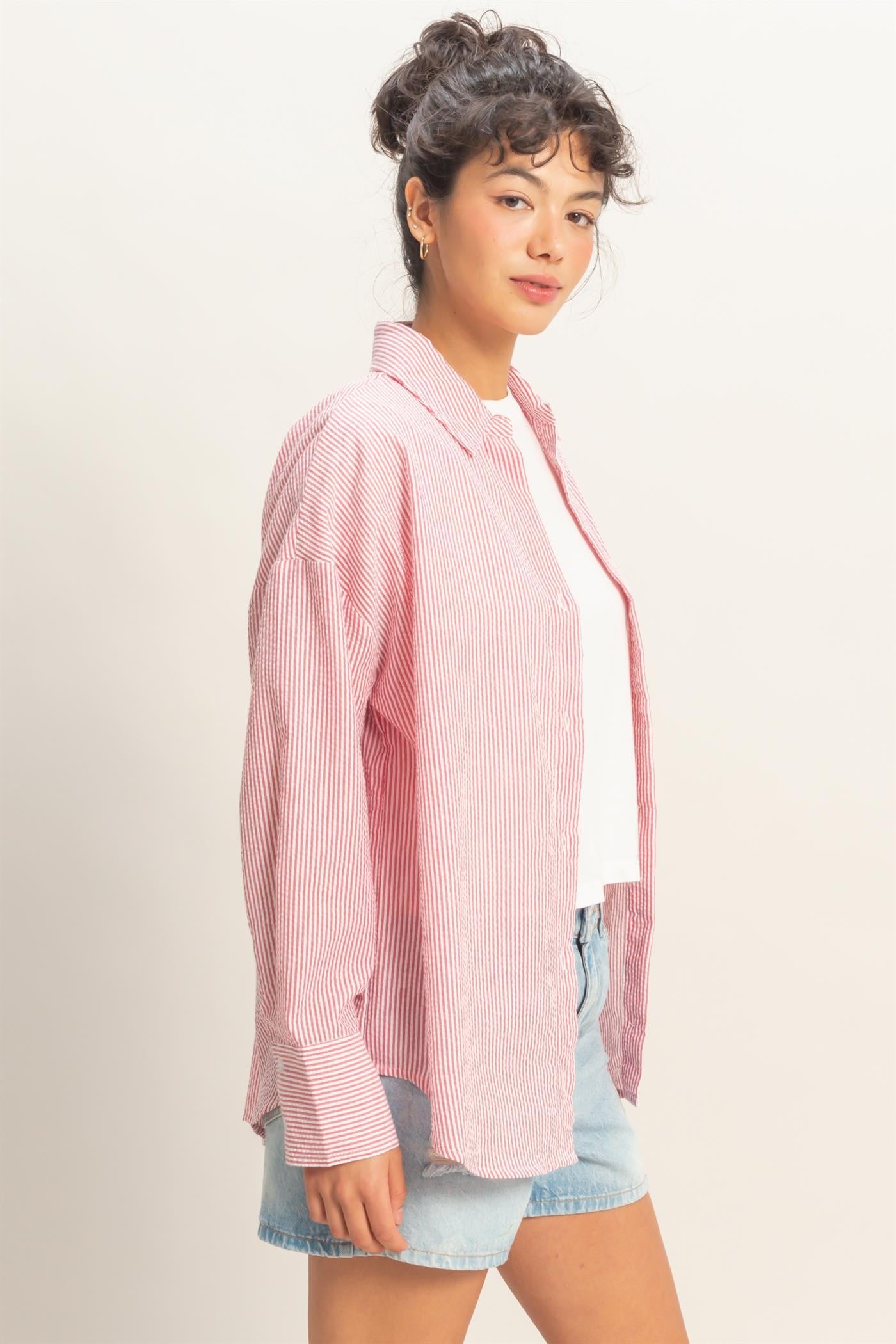 Double Zero long sleeve striped button-down shirt in assorted colors, featuring a classic collar and button closure.
