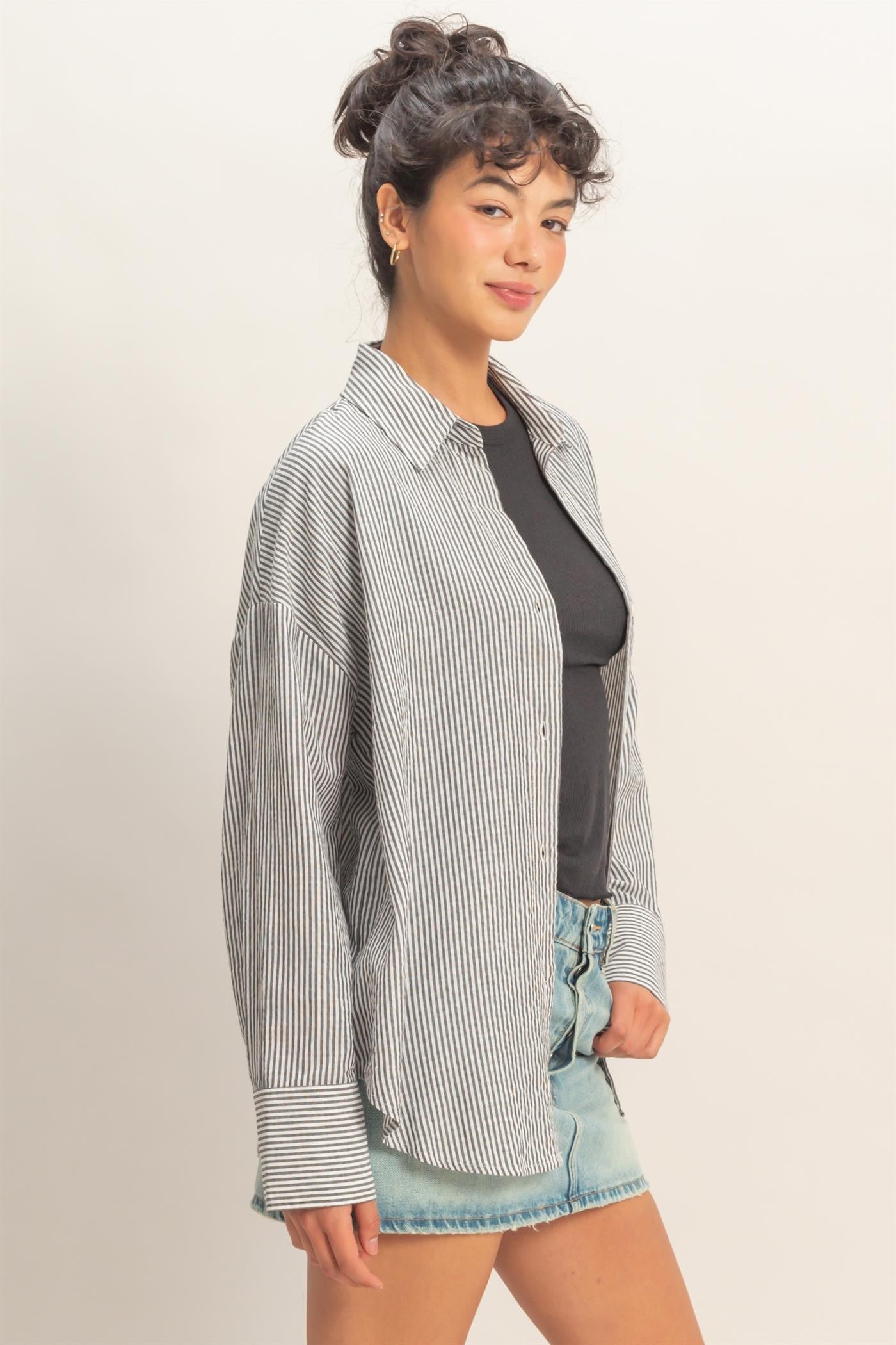 Double Zero long sleeve striped button-down shirt in assorted colors, featuring a classic black stripe pattern.