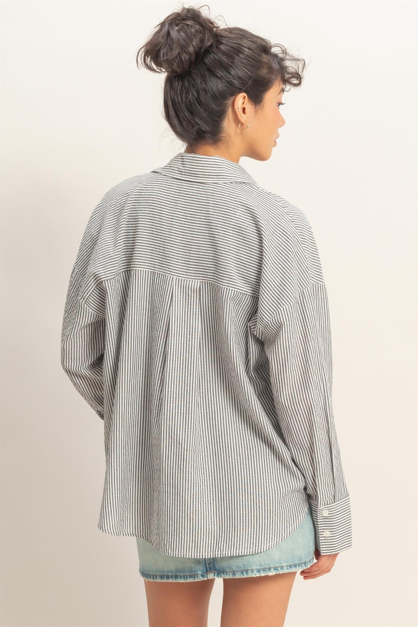 Long sleeve striped button-down shirt in assorted colors by Double Zero, featuring a classic collar and button front.