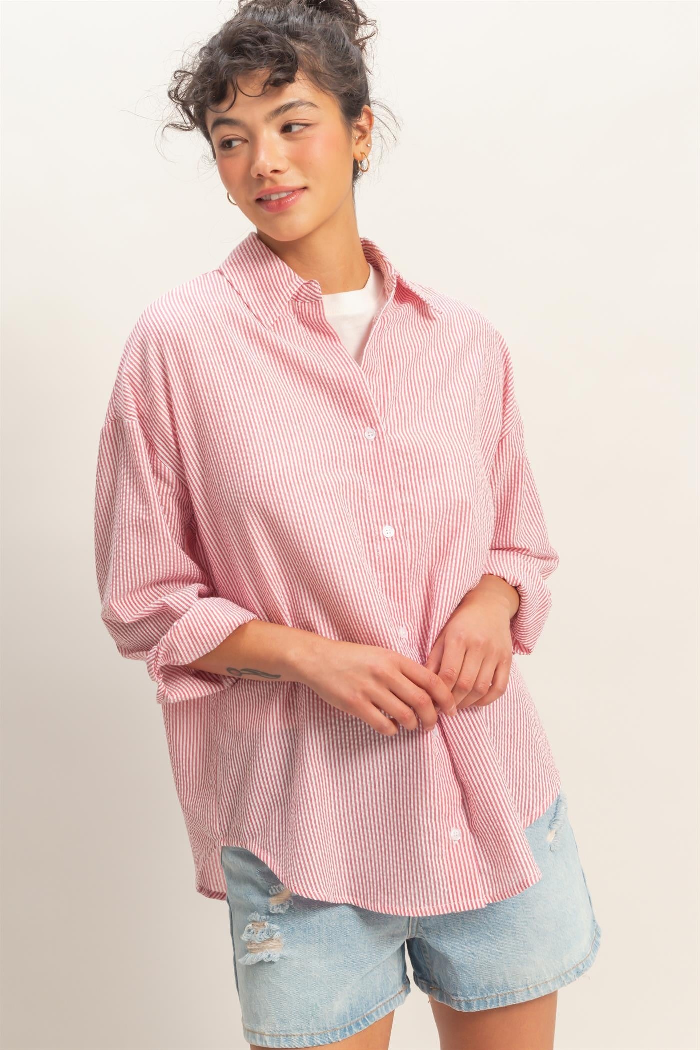 Long sleeve striped button-down shirt in assorted colors by Double Zero, featuring a classic collar and button front.