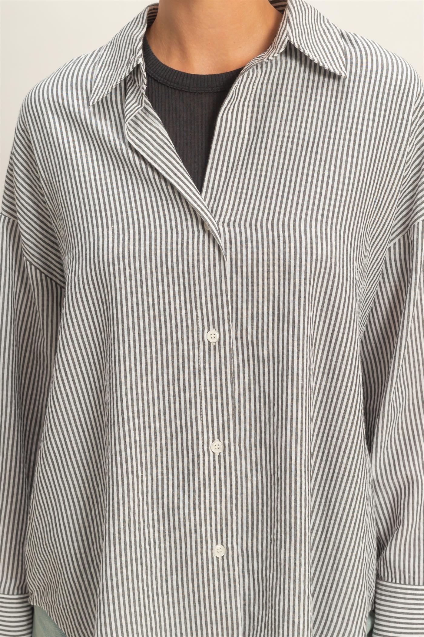 Double Zero long sleeve striped button-down shirt in assorted colors, featuring a classic design and black stripe pattern.