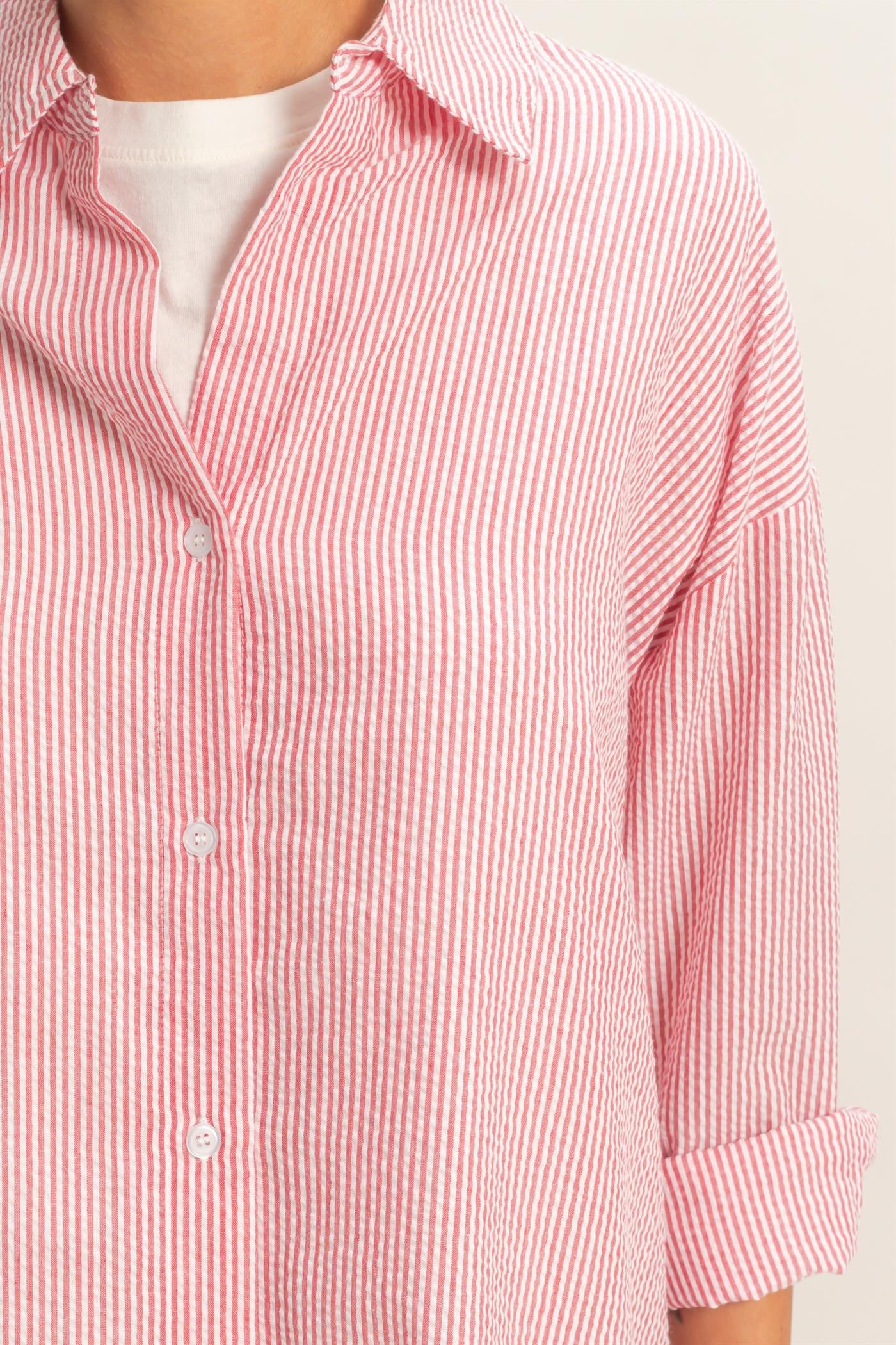 Double Zero long sleeve striped button-down shirt in assorted colors, featuring a classic design with black and colorful stripes.