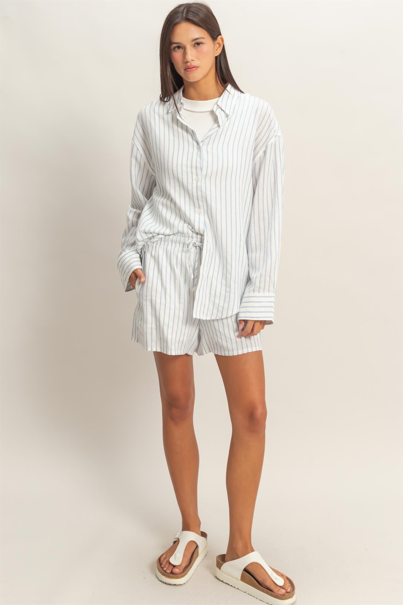 Lightweight blue striped button-down long sleeve shirt by Double Zero, casual and stylish for everyday wear.