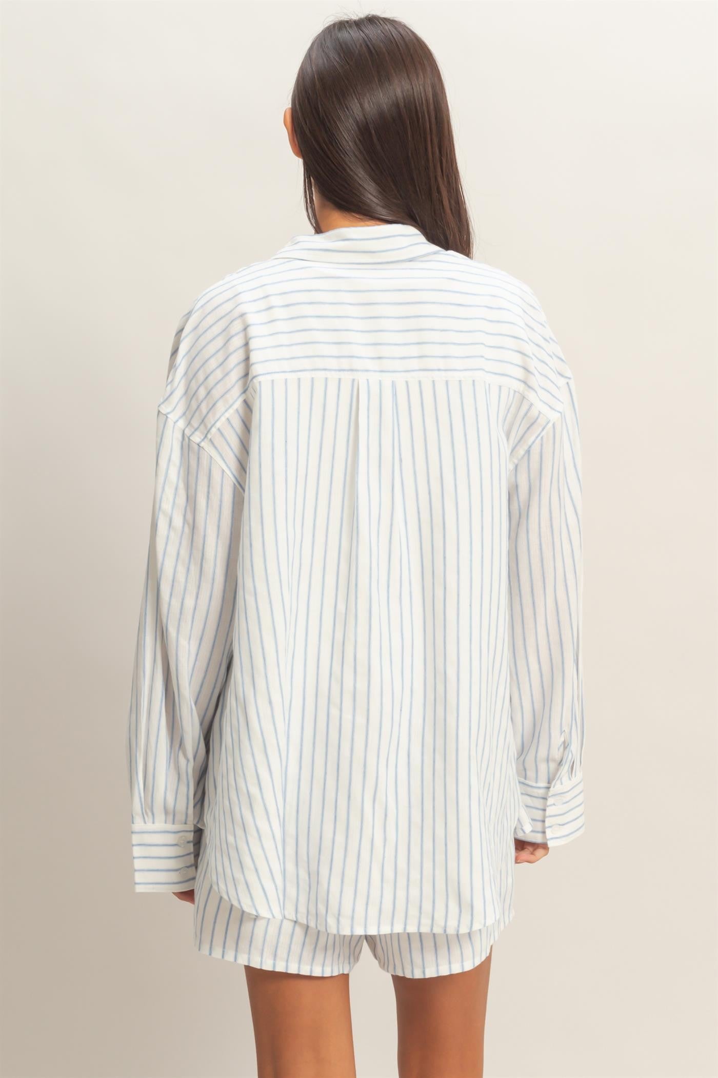 Lightweight blue striped long sleeve button-down shirt by Double Zero, casual top with classic pattern and relaxed fit.