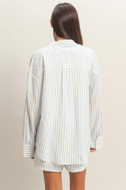 Lightweight blue striped long sleeve button-down shirt by Double Zero, casual top with classic pattern and relaxed fit.
