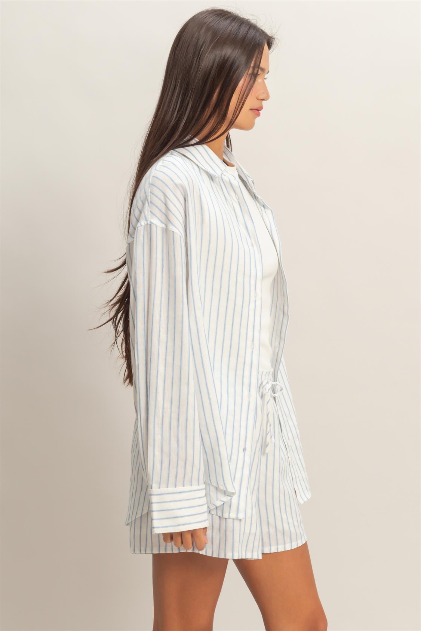 Lightweight blue striped button-down long sleeve shirt by Double Zero, casual top with a classic collar and front buttons.