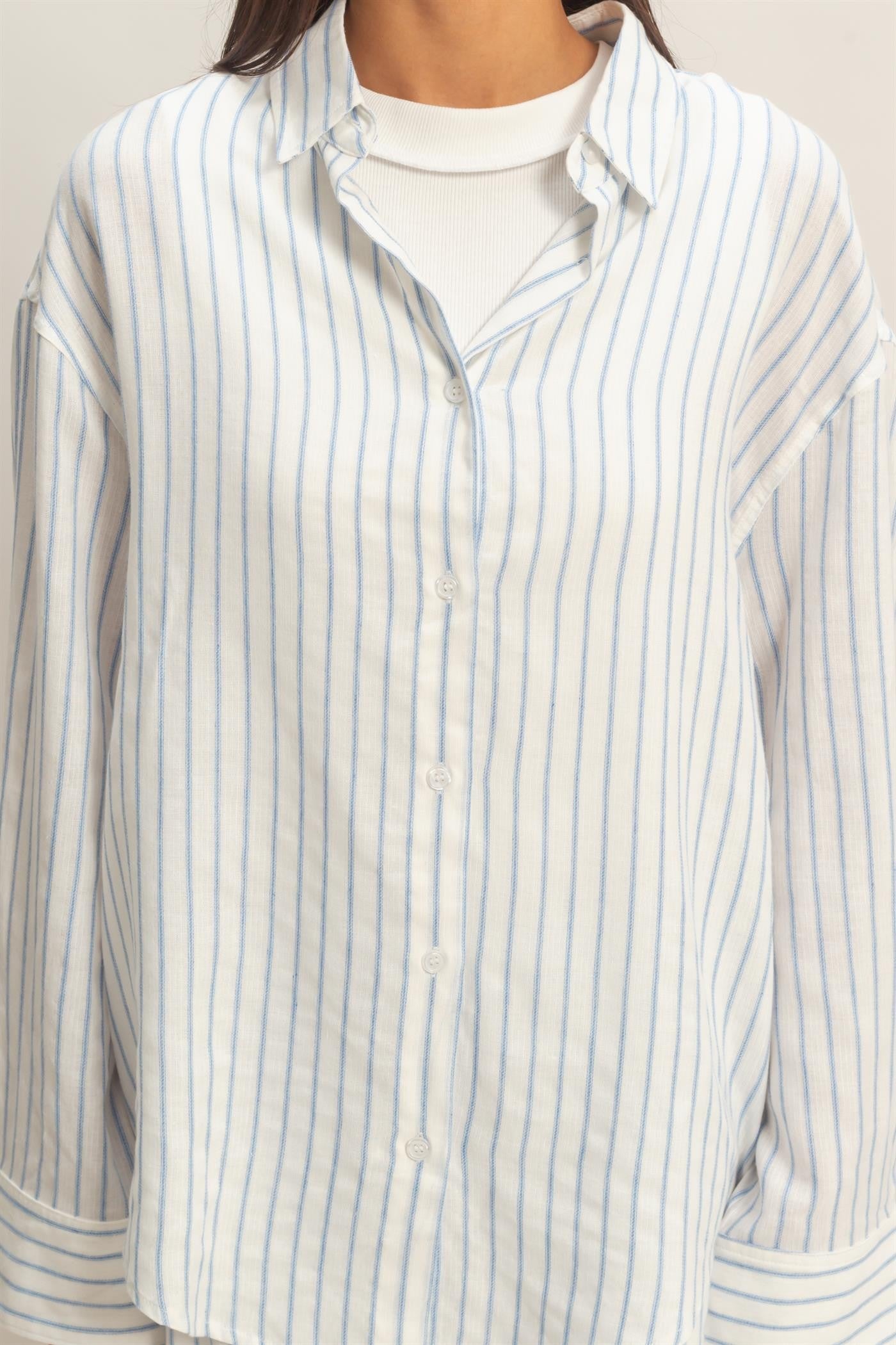 Lightweight blue striped button-down long sleeve shirt by Double Zero, casual and stylish for everyday wear.