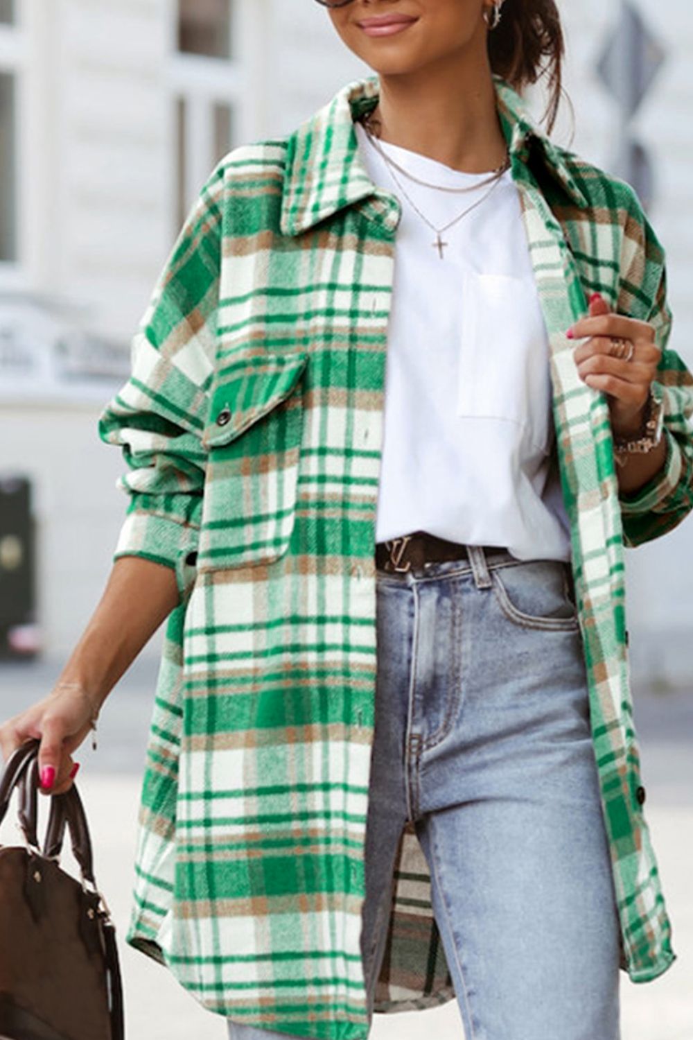 Plaid Flap Pocket Long Sleeve Shacket