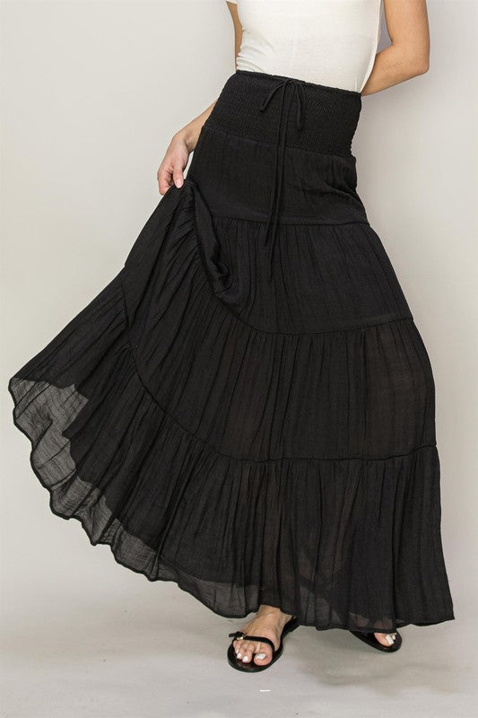 D-Drawstring Waist Tiered Maxi Skirt