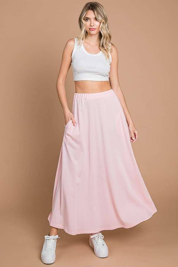 CBF1942-Maxi Full Solid Skirt with Pockets