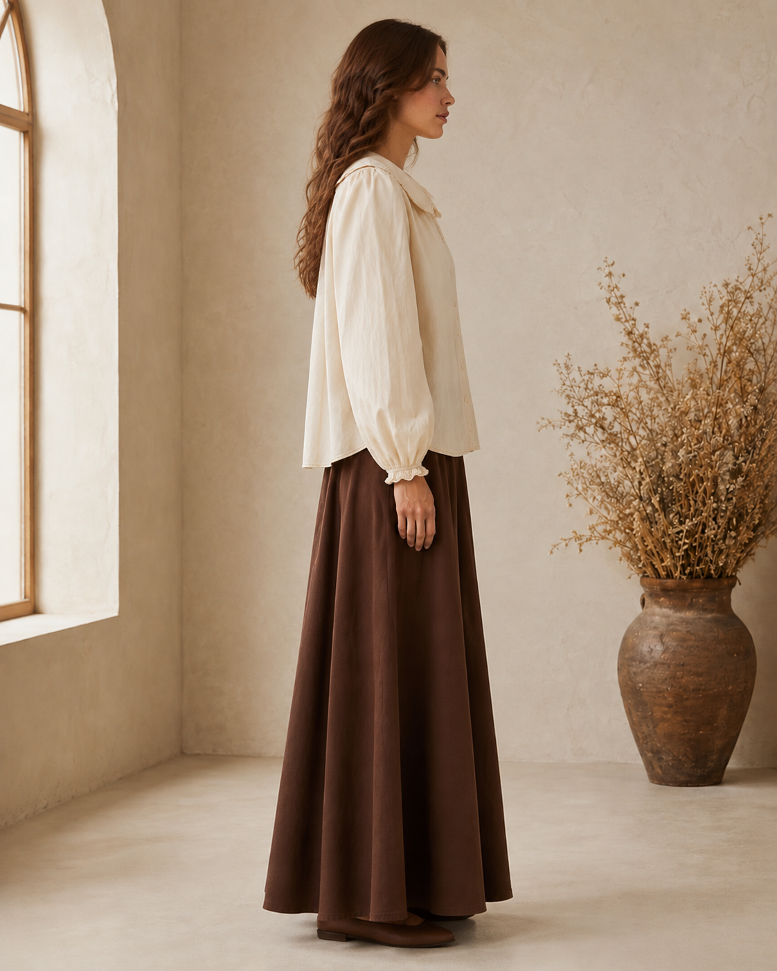 Contrast Stitch Peter Pan Collar Top in Cream