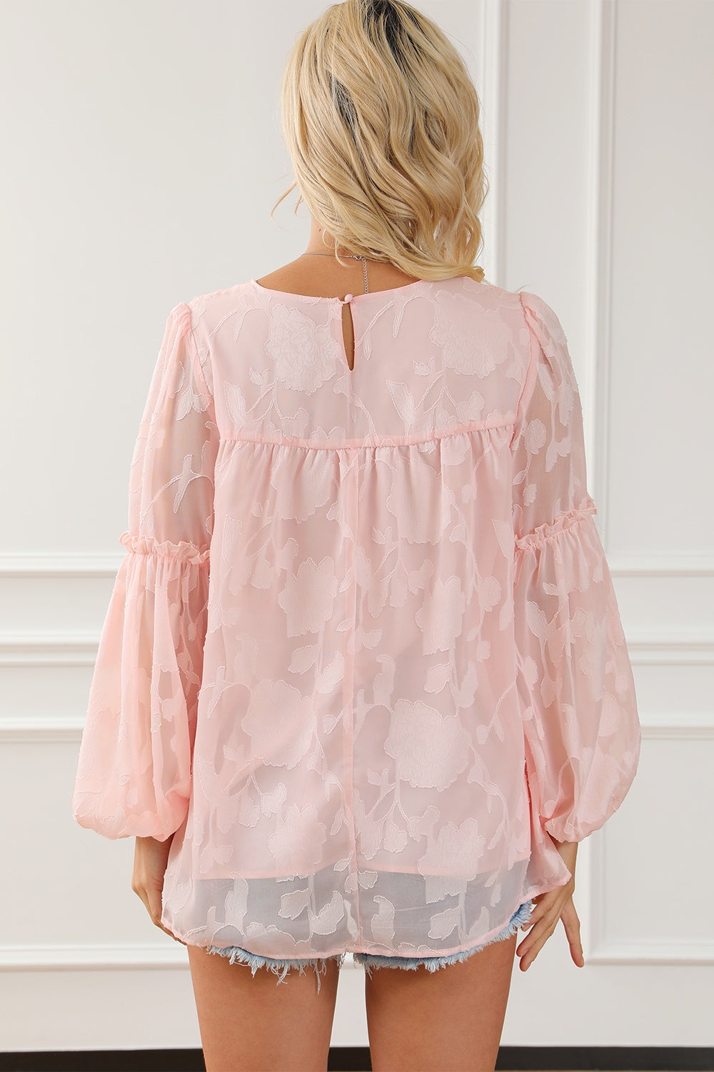 Frill Round Neck Balloon Sleeve Blouse