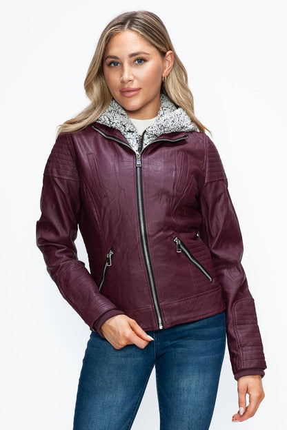 YMI Faux Layered Double-Zipper Jacket with Fuzzy Hood