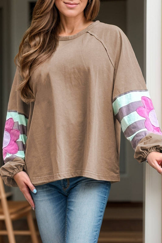 Plus Size Flower Round Neck Long Sleeve Blouse