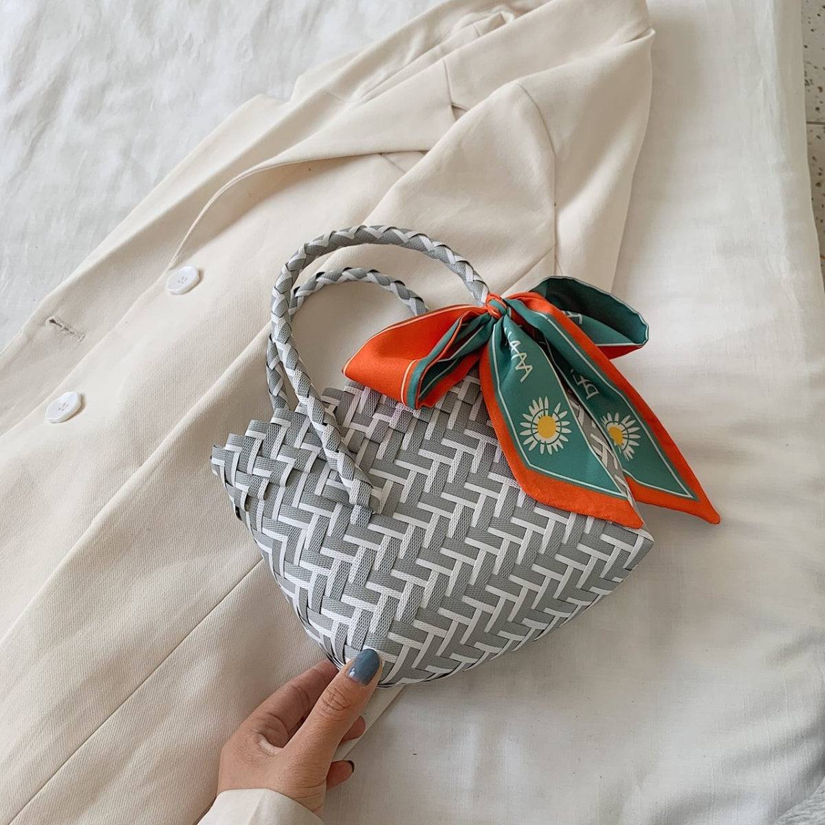 Contrast Woven Handbag with Ribbon