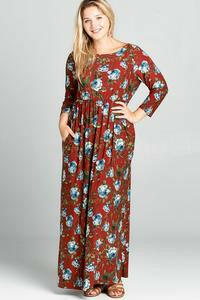 Plus 3/4 sleeve floral maxi dress by Emerald, featuring a flowing design and vibrant floral pattern, perfect for warm weather.