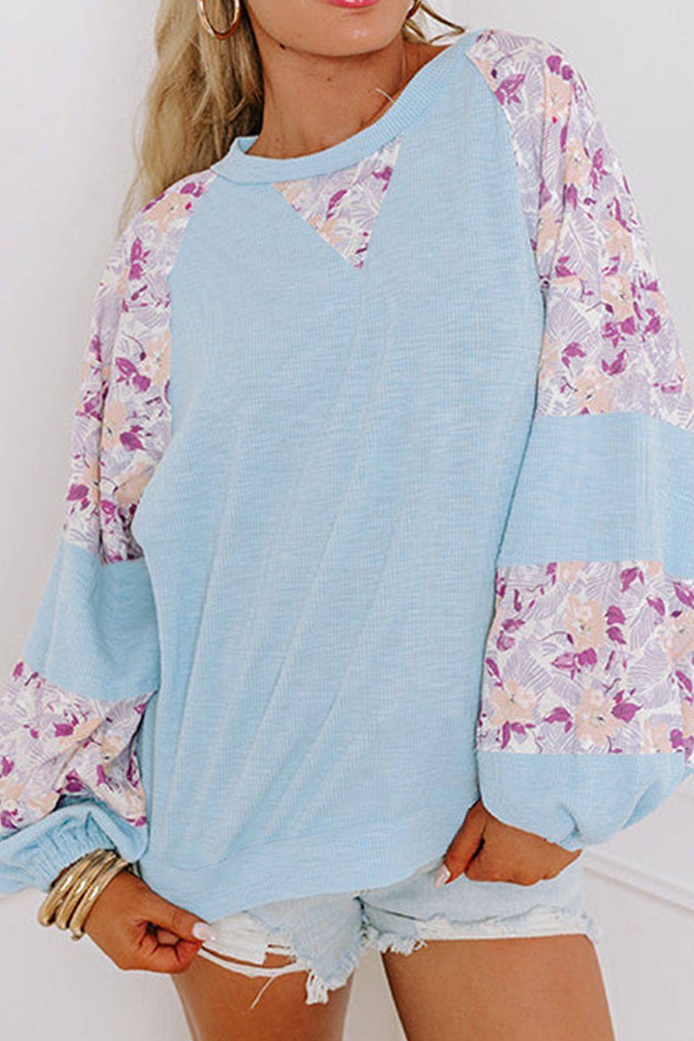 Printed Round Neck Balloon Sleeve Sweatshirt