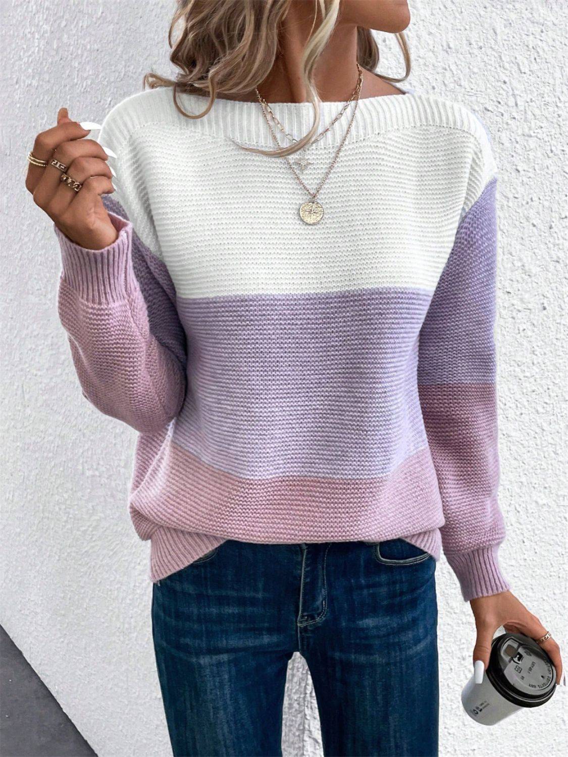 Color Block Drop Shoulder Long Sleeve Sweater