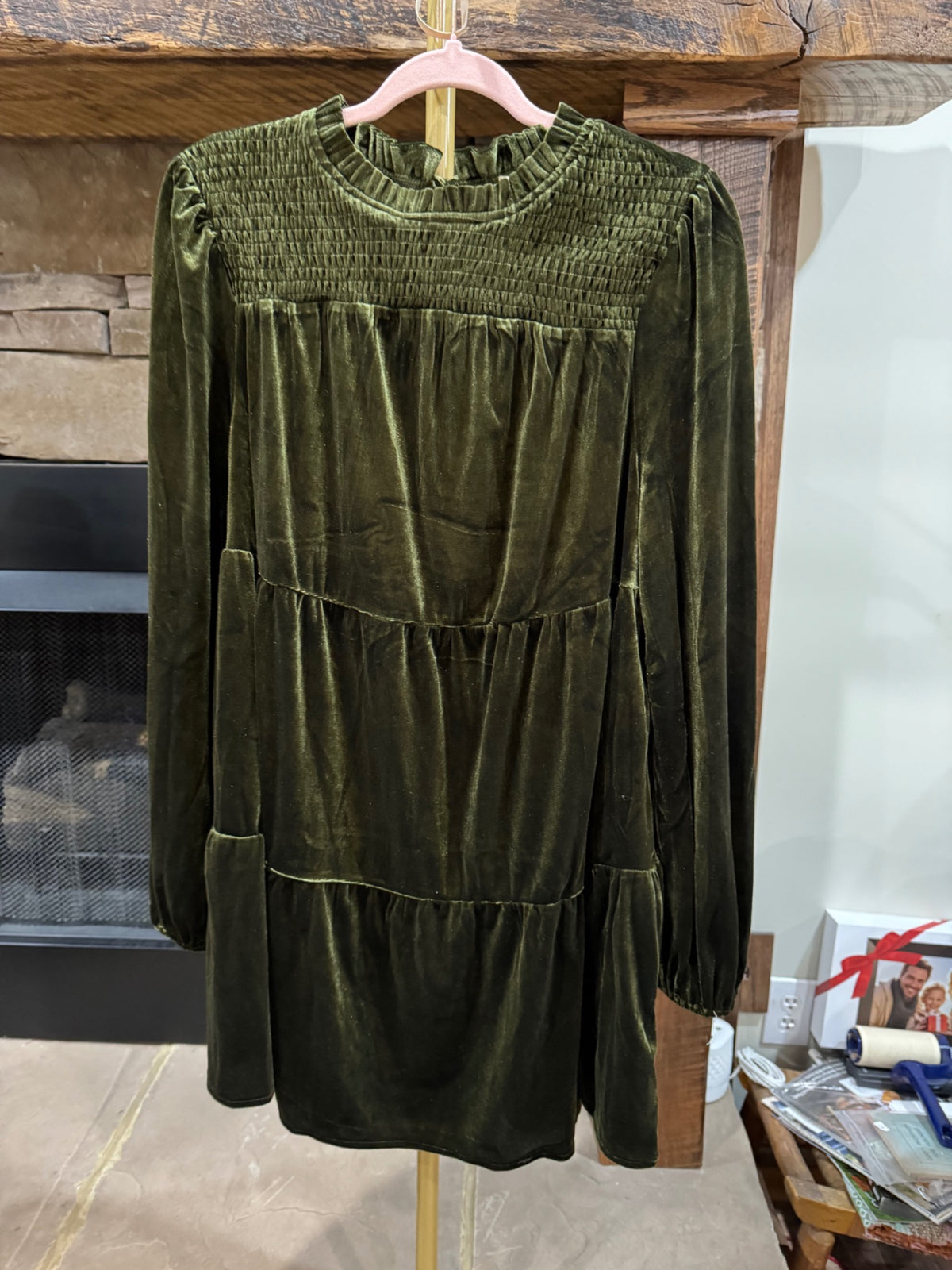 Fantastic Fawn deep olive velvet tiered dress and tunic with smocked yoke and long sleeves