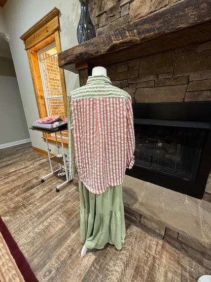 Fantastic Fawn mauve, sage green and white striped button-front shirt, back