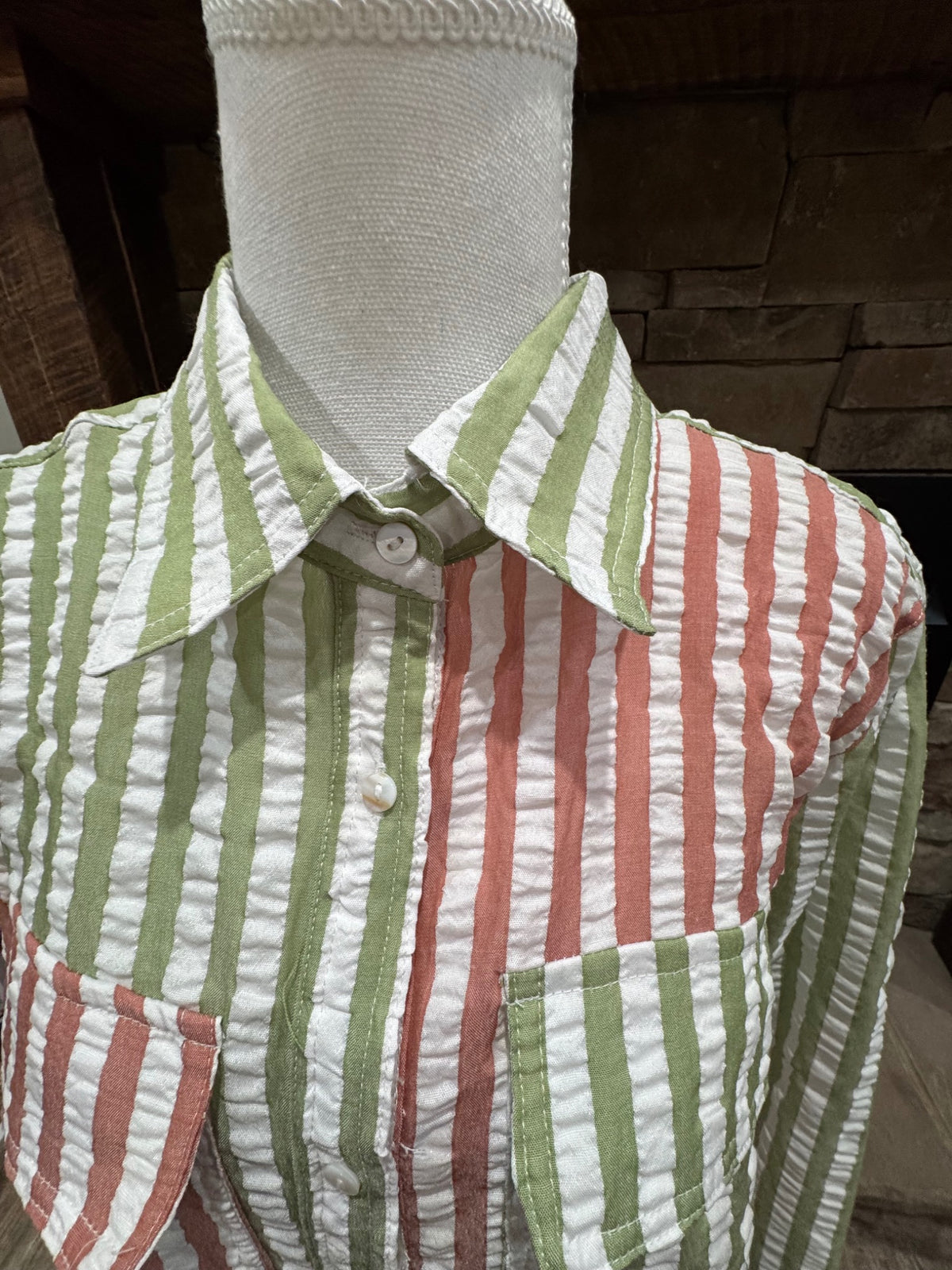 Fantastic Fawn mauve, sage green and white striped button-front shirt, collar