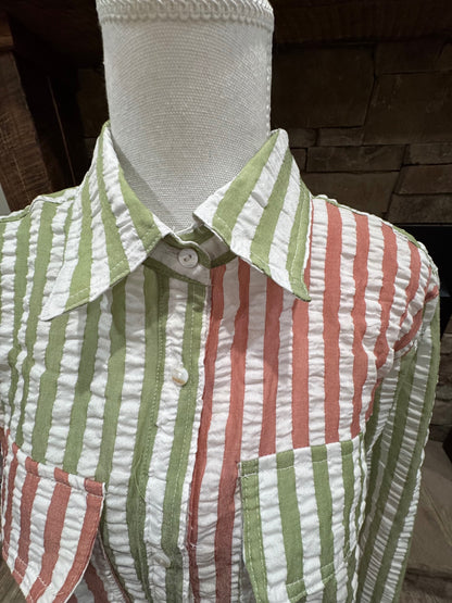 Fantastic Fawn mauve, sage green and white striped button-front shirt, collar
