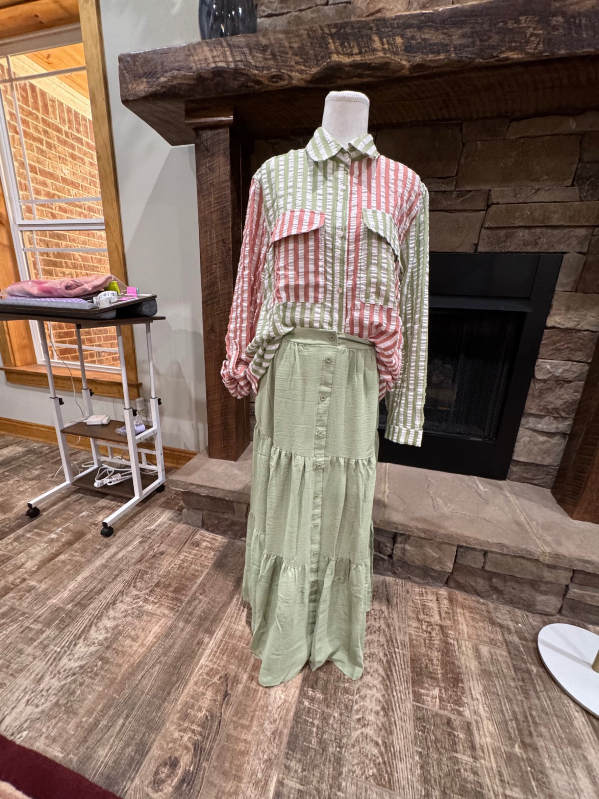 Fantastic Fawn mauve, sage green and white striped button-front shirt, front