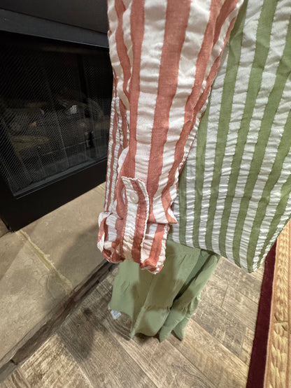 Fantastic Fawn mauve, sage green and white striped button-front shirt, roll tab sleeve