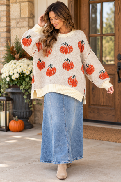 Fantastic Fawn ivory pumpkin oversized sweater styled with a denim maxi skirt