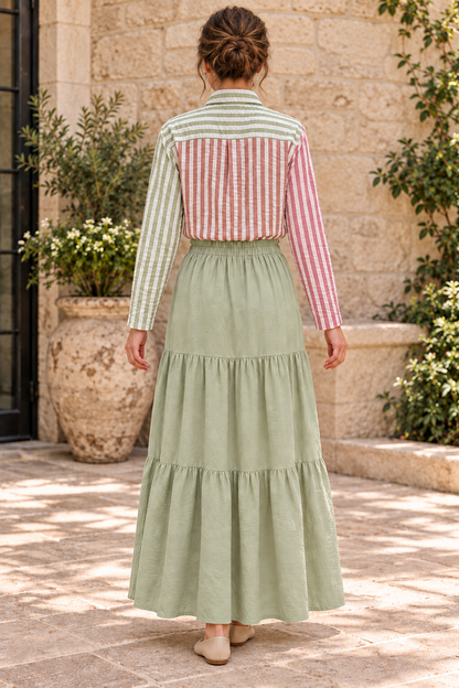 Fantastic Fawn striped long-sleeve shirt paired with Timing sage green tiered maxi skirt, back lifestyle view