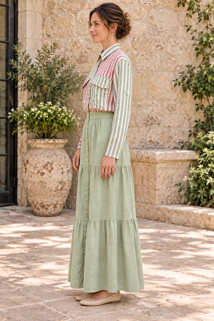 Fantastic Fawn striped long-sleeve shirt paired with Timing sage green tiered maxi skirt, left lifestyle view