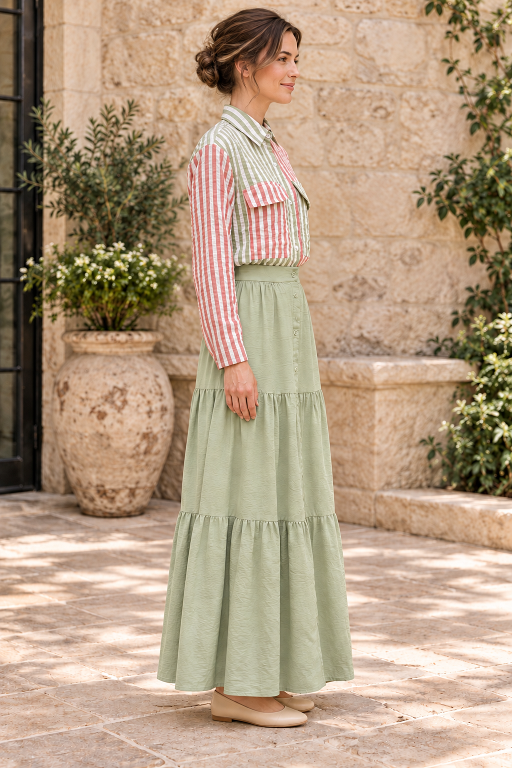 Fantastic Fawn striped long-sleeve shirt paired with Timing sage green tiered maxi skirt, right lifestyle view