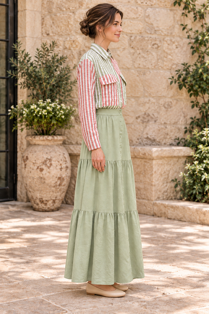 Fantastic Fawn striped long-sleeve shirt paired with Timing sage green tiered maxi skirt, right lifestyle view
