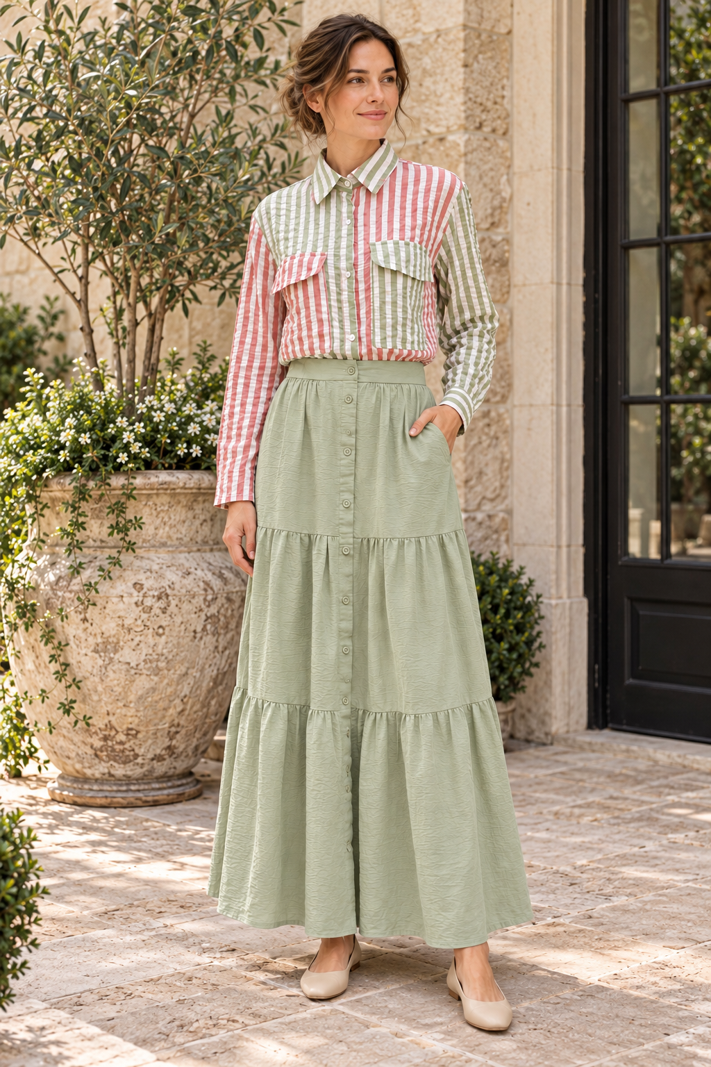 Fantastic Fawn striped long-sleeve shirt paired with Timing sage green tiered maxi skirt, standing lifestyle view
