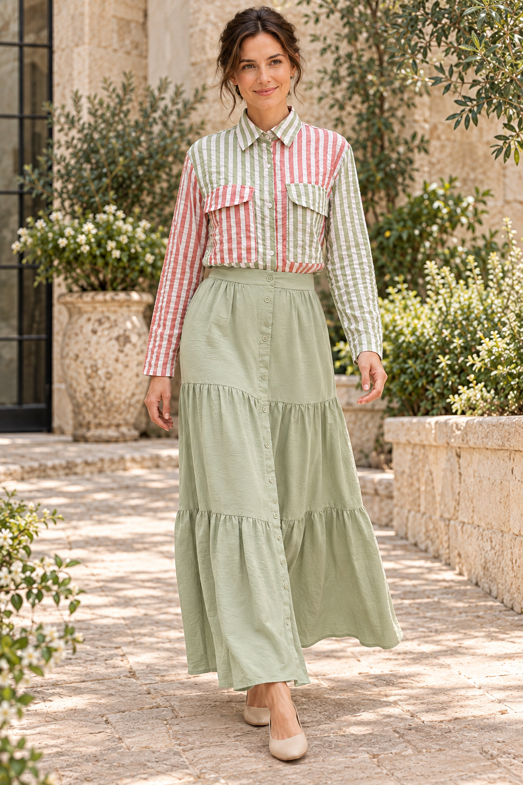 Woman wearing Fantastic Fawn mauve and sage striped long-sleeve shirt with Timing sage green tiered maxi skirt, walking view