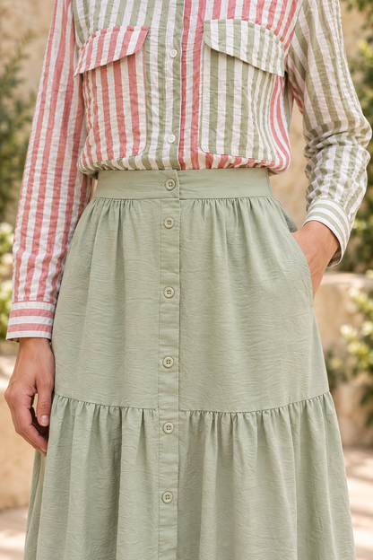 Timing sage green textured maxi skirt flat front waistband, faux buttons and side pocket detail