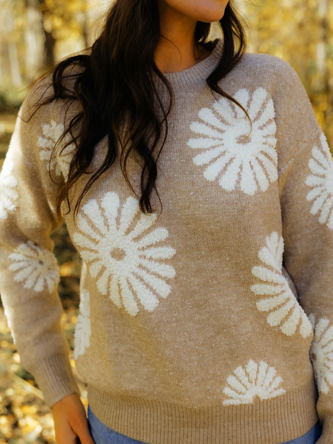 Perfee Flower Round Neck Long Sleeve Sweater